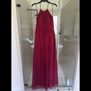 Maroon bridesmaid dress.